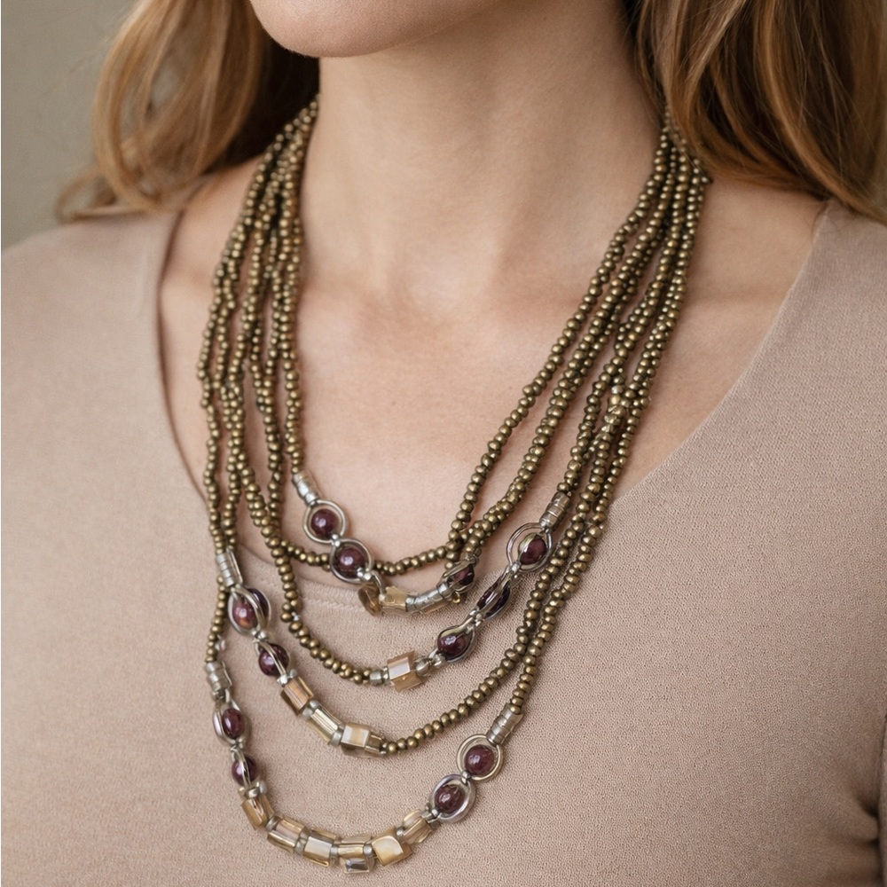 Gold & Purple Multi-Strand Layered Beaded Statement Necklace | Boho Chic